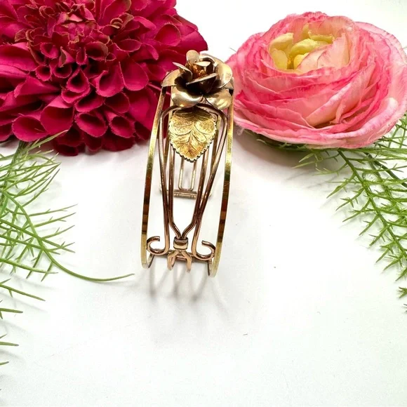 VINTAGE⚜️14K KREMENTZ OVERLAY Ornate Cuff Floral Bracelet - Picture 7 of 11